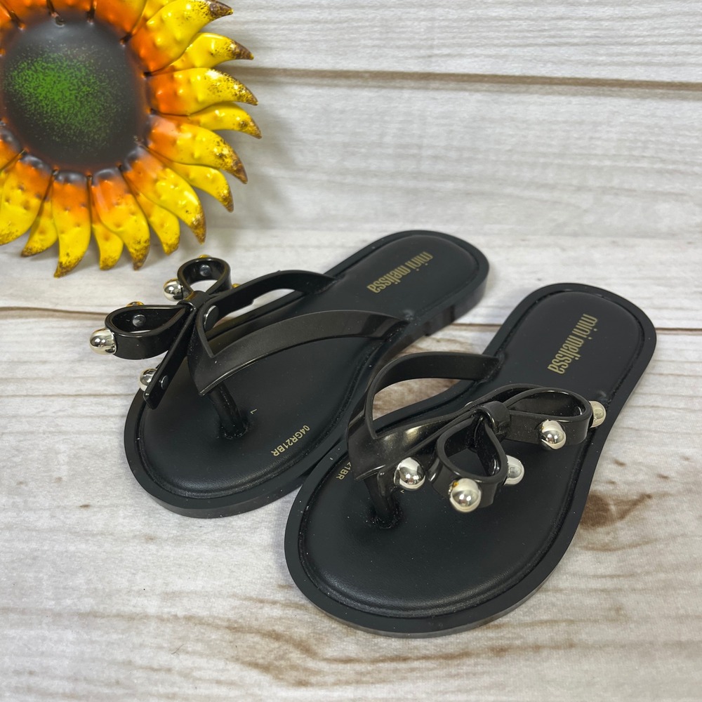 Mini Melissa Girls Black Jelly Flip Flop Sandals Bow Silver Ball Studded 11 Shoe